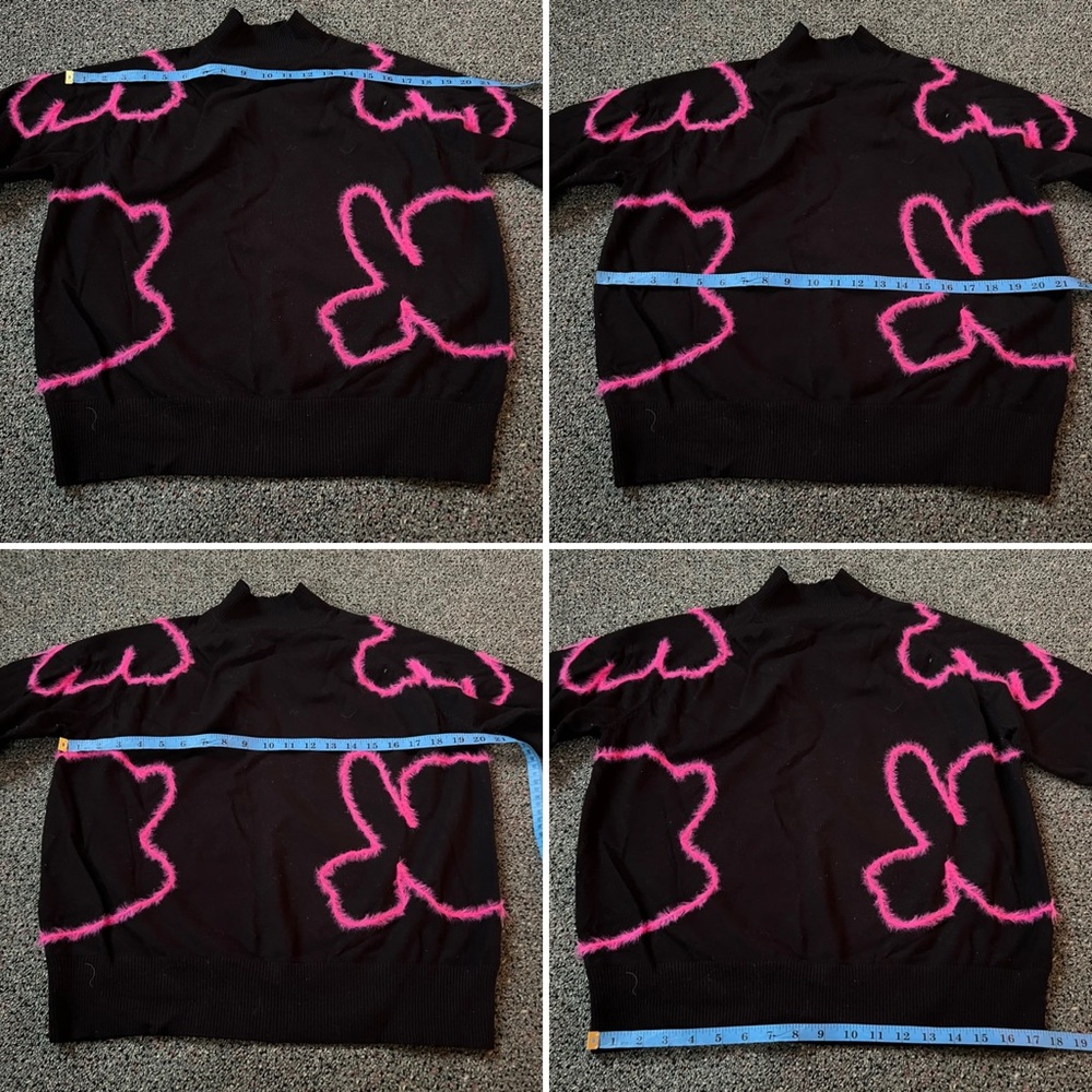 Modest Black Pink Flower Embroidered Mohair Design Mockneck Long-Sleeve Sweater - Picture 11 of 13